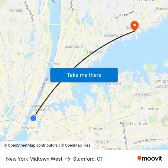 New York Midtown West to Stamford, CT map
