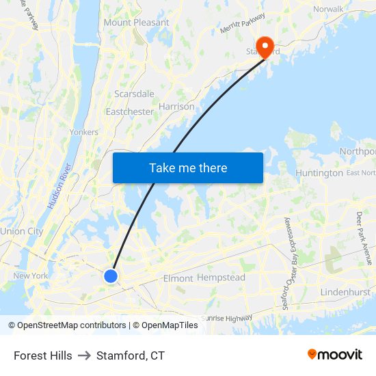 Forest Hills to Stamford, CT map