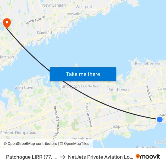 Patchogue LIRR (77, 77y) to NetJets Private Aviation Lounge map