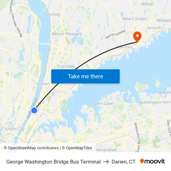 George Washington Bridge Bus Terminal to Darien, CT map