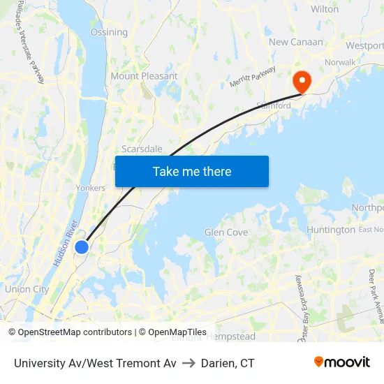 University Av/West Tremont Av to Darien, CT map