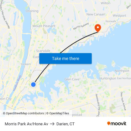 Morris Park Av/Hone Av to Darien, CT map