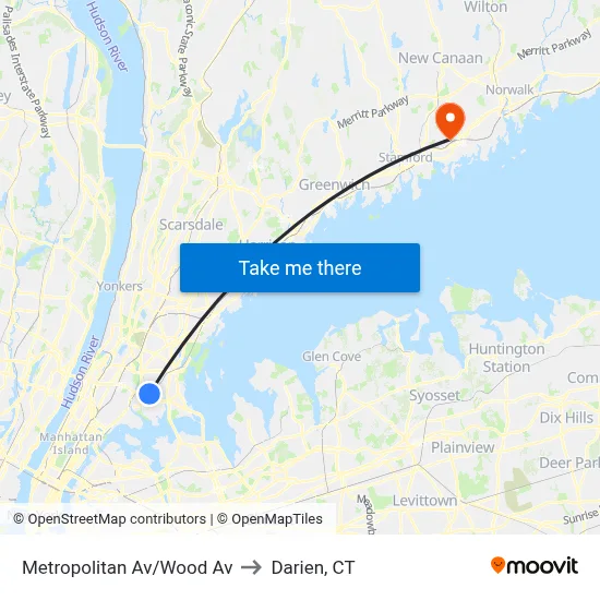 Metropolitan Av/Wood Av to Darien, CT map