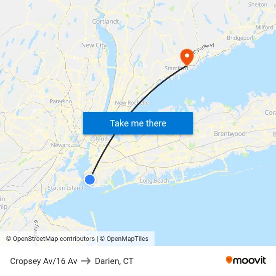 Cropsey Av/16 Av to Darien, CT map