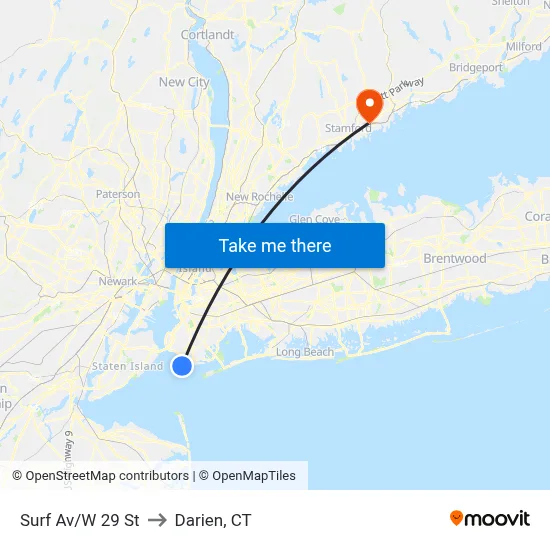 Surf Av/W 29 St to Darien, CT map
