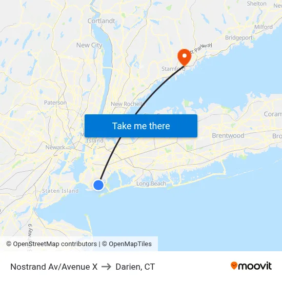 Nostrand Av/Avenue X to Darien, CT map