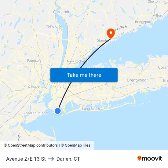 Avenue Z/E 13 St to Darien, CT map