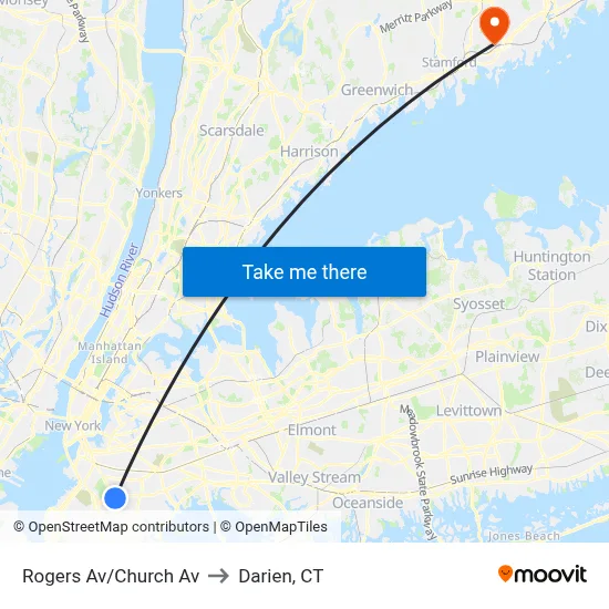Rogers Av/Church Av to Darien, CT map