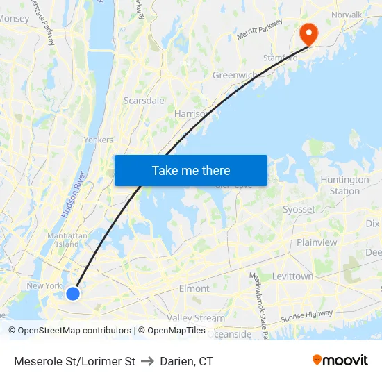Meserole St/Lorimer St to Darien, CT map