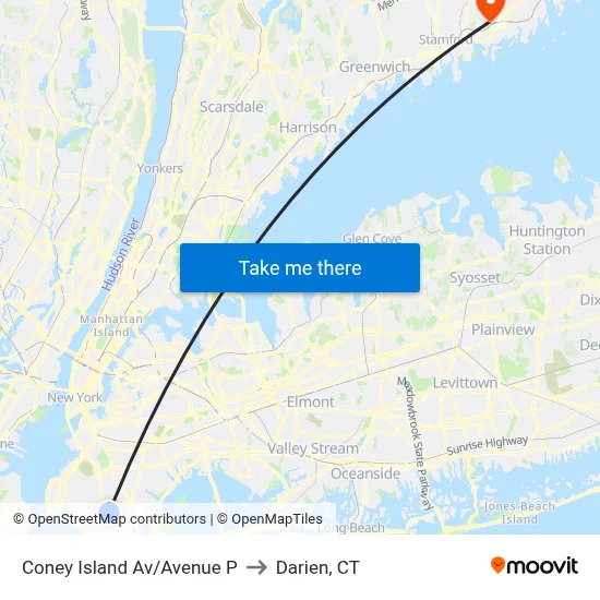 Coney Island Av/Avenue P to Darien, CT map