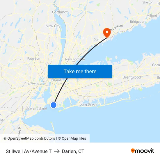 Stillwell Av/Avenue T to Darien, CT map