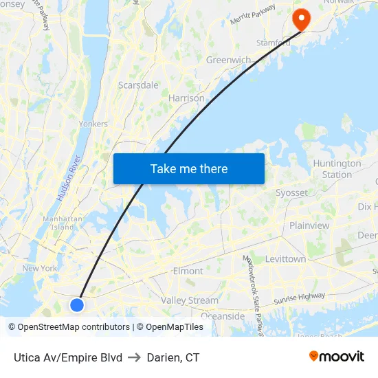 Utica Av/Empire Blvd to Darien, CT map