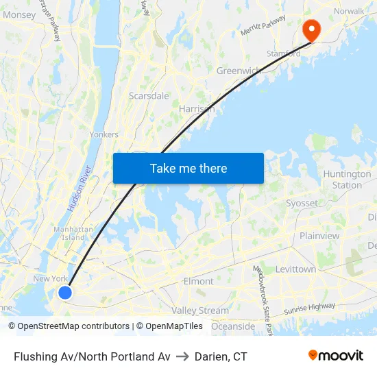 Flushing Av/North Portland Av to Darien, CT map