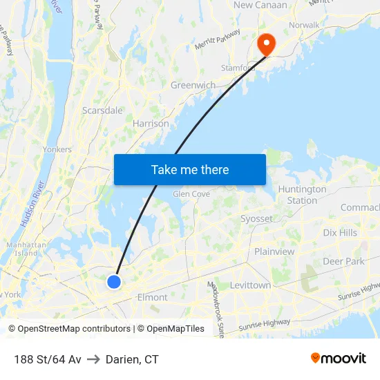 188 St/64 Av to Darien, CT map