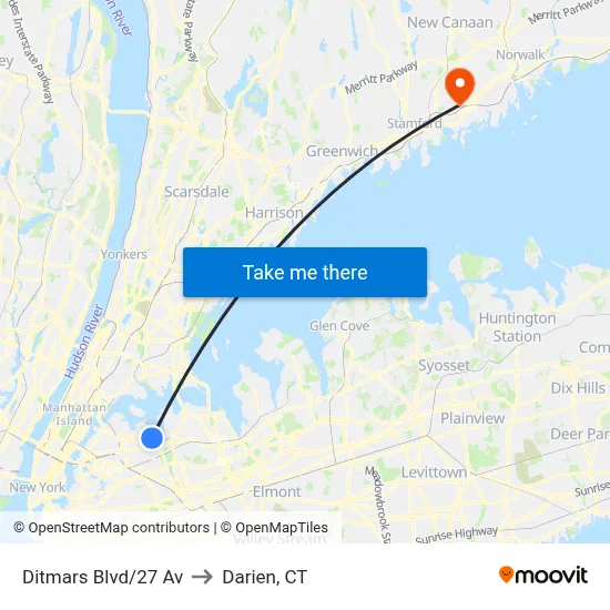 Ditmars Blvd/27 Av to Darien, CT map
