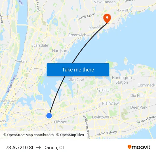 73 Av/210 St to Darien, CT map