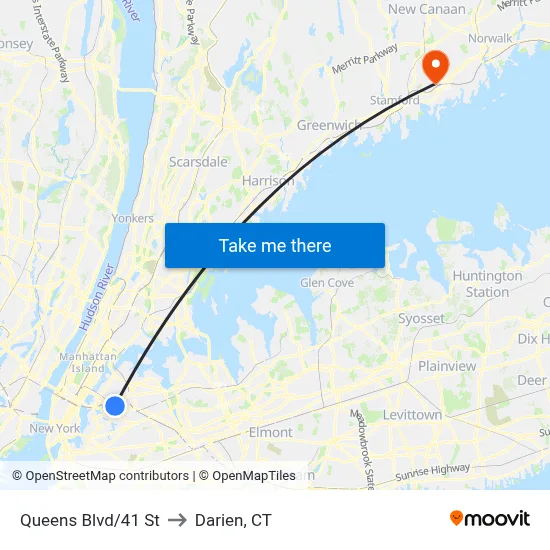Queens Blvd/41 St to Darien, CT map
