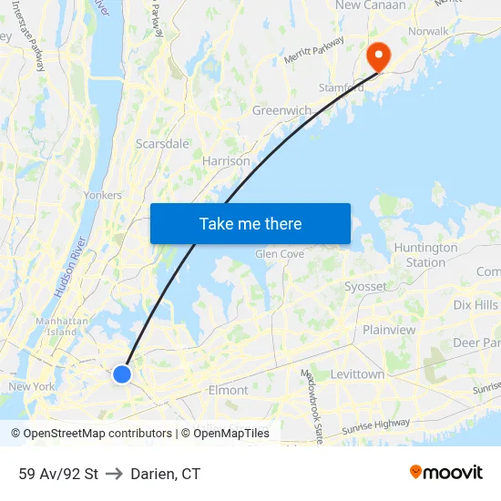 59 Av/92 St to Darien, CT map