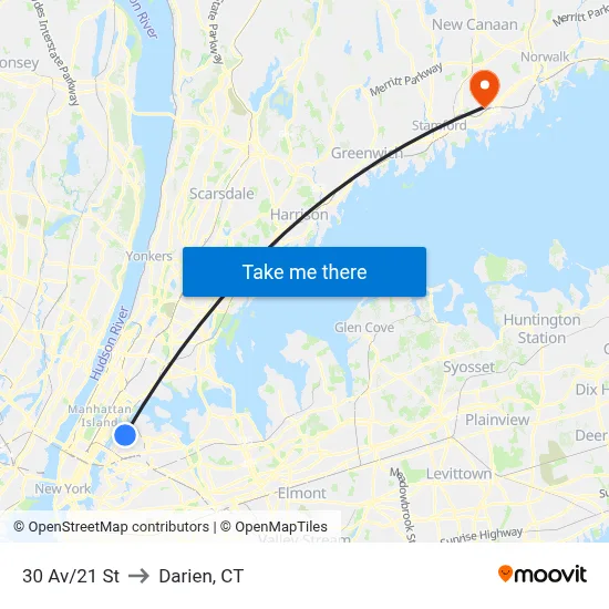 30 Av/21 St to Darien, CT map
