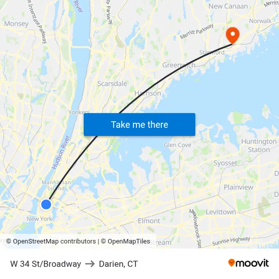 W 34 St/Broadway to Darien, CT map
