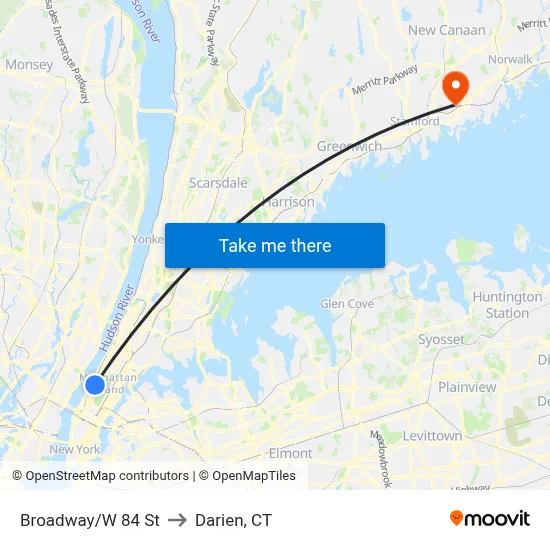 Broadway/W 84 St to Darien, CT map