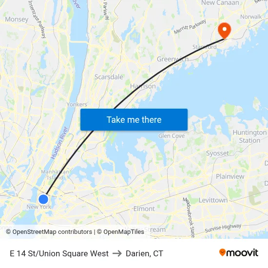 E 14 St/Union Square West to Darien, CT map