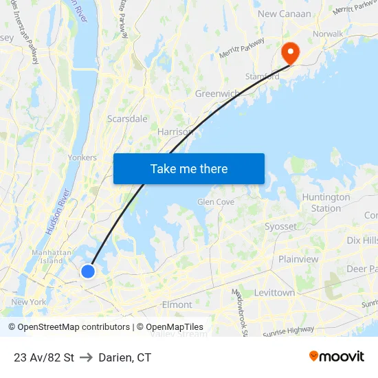 23 Av/82 St to Darien, CT map