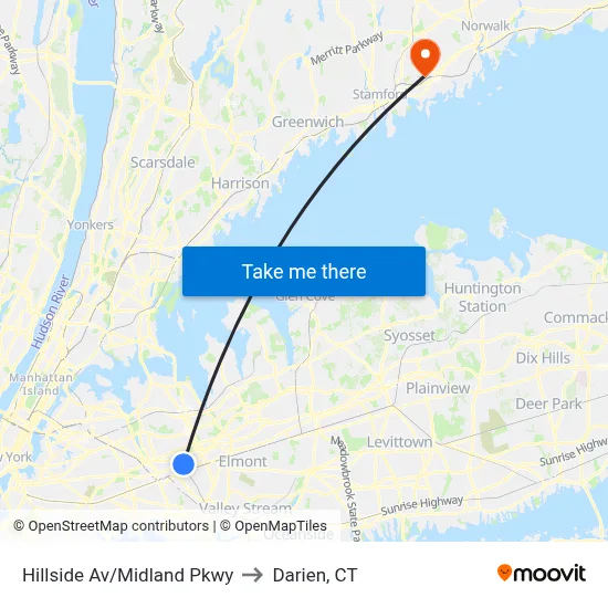 Hillside Av/Midland Pkwy to Darien, CT map