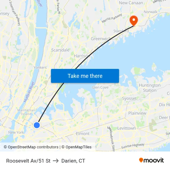 Roosevelt Av/51 St to Darien, CT map