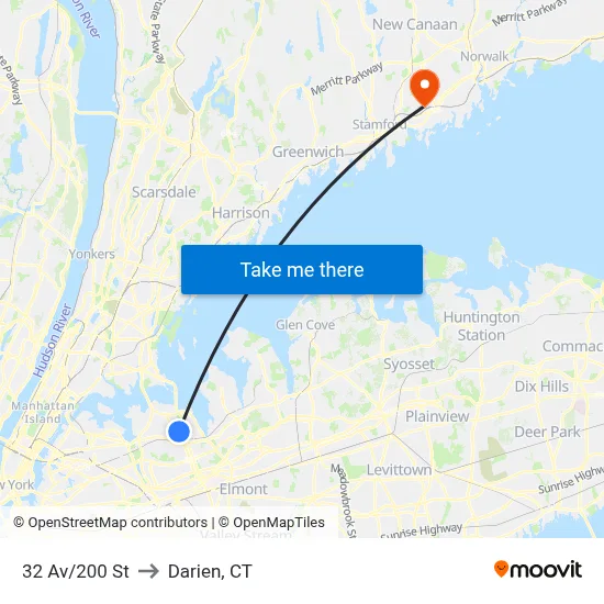32 Av/200 St to Darien, CT map