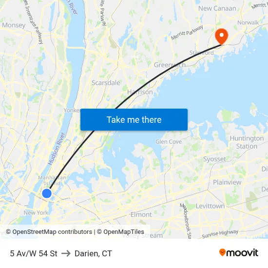 5 Av/W 54 St to Darien, CT map