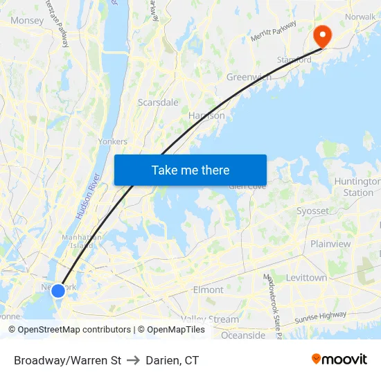 Broadway/Warren St to Darien, CT map