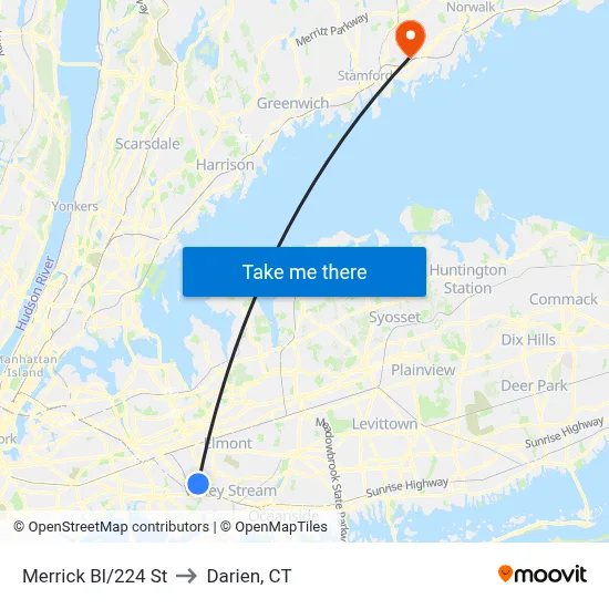 Merrick Bl/224 St to Darien, CT map