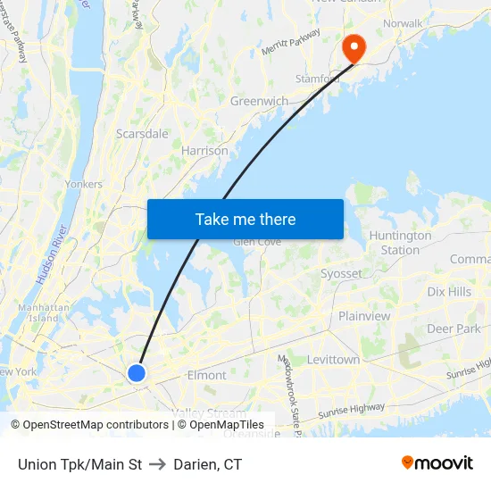 Union Tpk/Main St to Darien, CT map