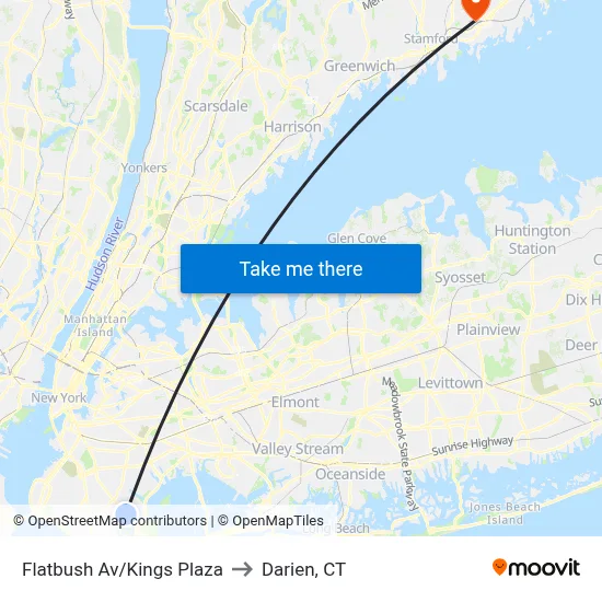 Flatbush Av/Kings Plaza to Darien, CT map