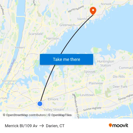 Merrick Bl/109 Av to Darien, CT map
