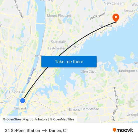 34 St-Penn Station to Darien, CT map