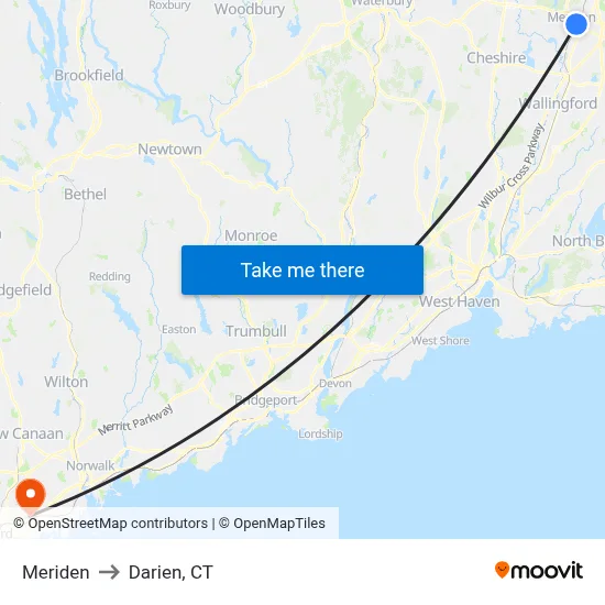 Meriden to Darien, CT map