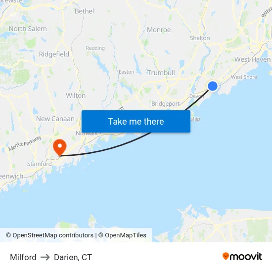 Milford to Darien, CT map