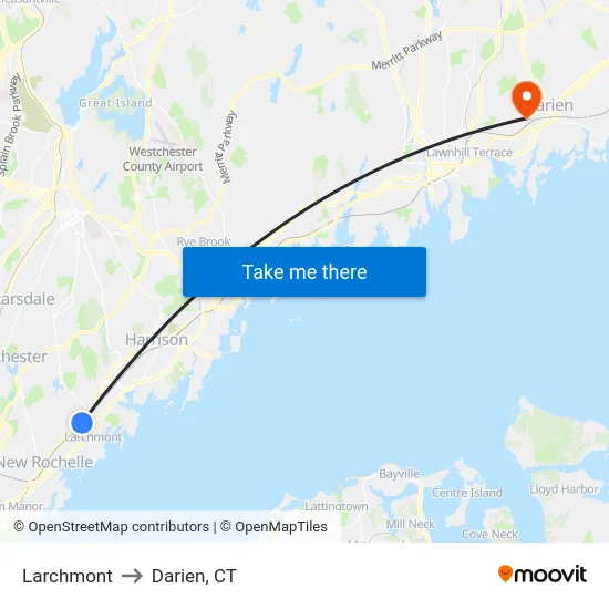 Larchmont to Darien, CT map