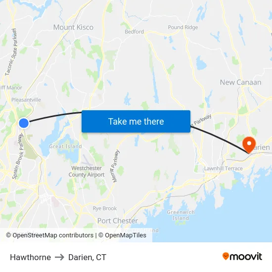 Hawthorne to Darien, CT map