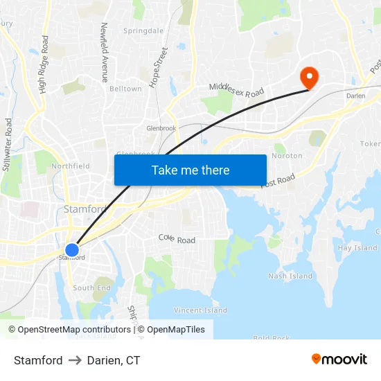 Stamford to Darien, CT map