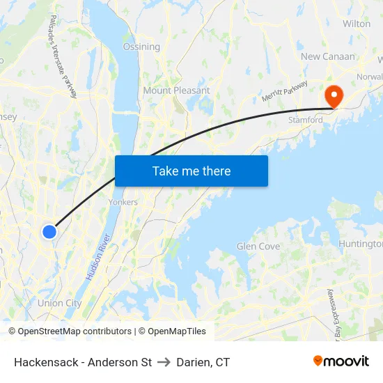 Hackensack - Anderson St to Darien, CT map
