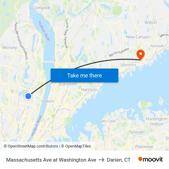 Massachusetts Ave at Washington Ave to Darien, CT map