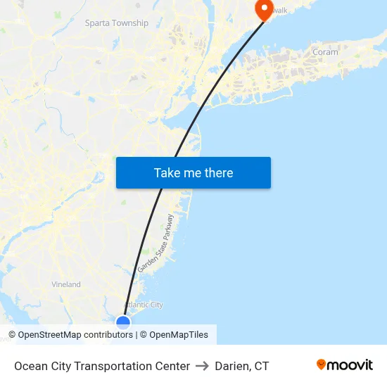 Ocean City Transportation Center to Darien, CT map