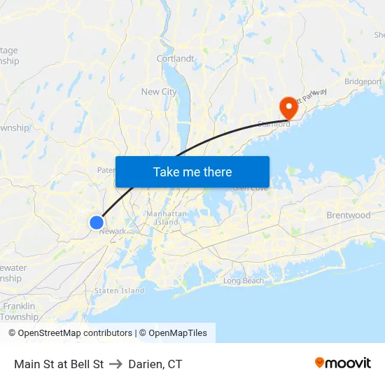 Main St at Bell St to Darien, CT map