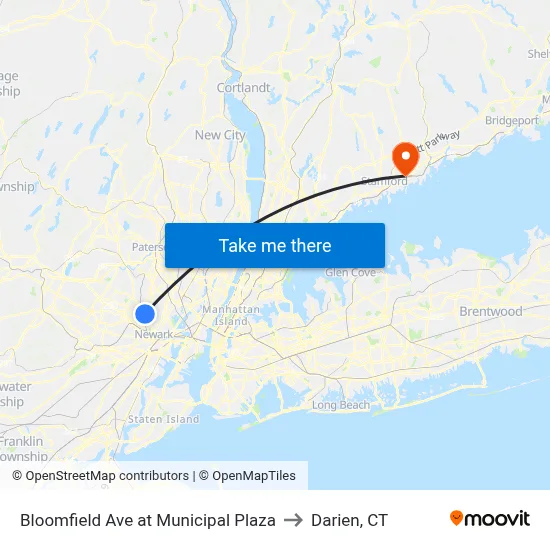 Bloomfield Ave at Municipal Plaza to Darien, CT map