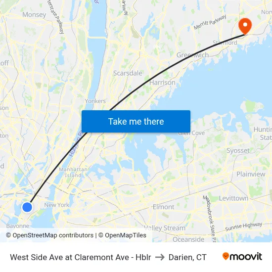West Side Ave at Claremont Ave - Hblr to Darien, CT map