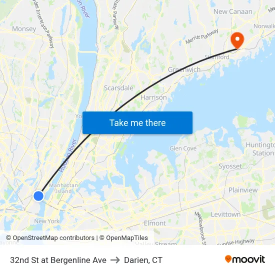 32nd St at Bergenline Ave to Darien, CT map