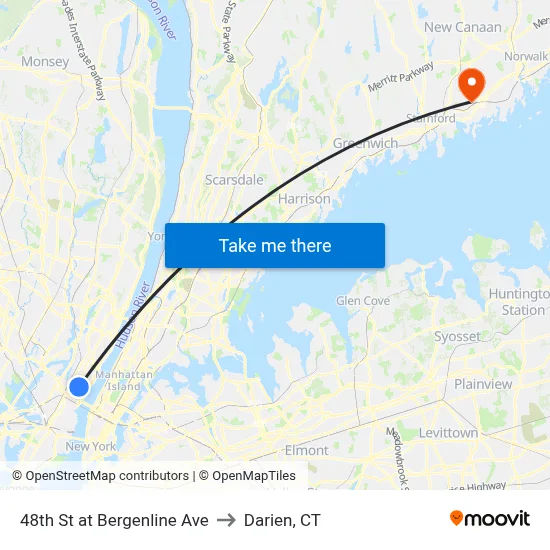 48th St at Bergenline Ave to Darien, CT map